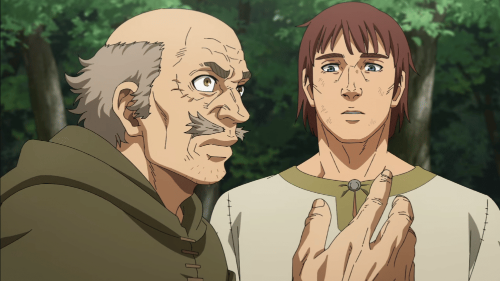 Einar bertemu dengan laki-laki tua yang mencari seorang kerabatnya (dok. MAPPA/ Vinland Saga Season 2)