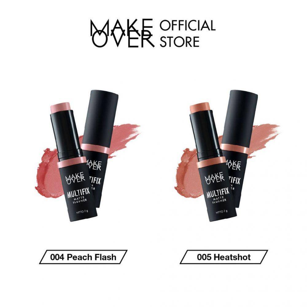Make Over Multifix Matte Blusher 004 Peach Flash dan 005 Heatshot (shopee.co.id/makeoverofficial)