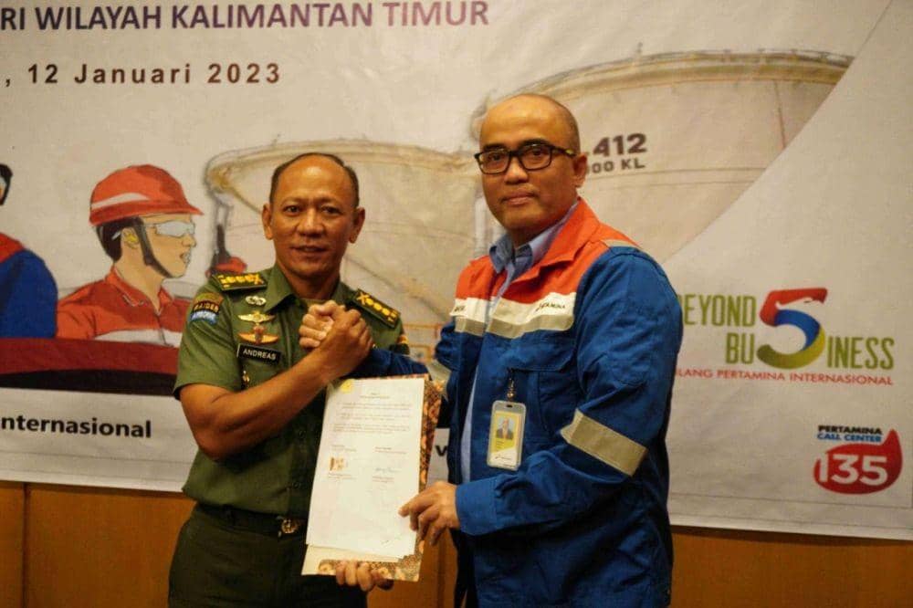 PT Kilang Pertamina Internasional (KPI) Unit Balikpapan menandatangani kerja sama pengamanan objek vital nasional (Obvitnas) dengan TNI-Polri, Kamis (12/1/2023). Foto Pertamina
