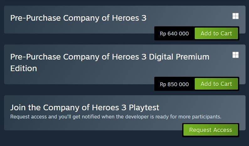 Pilihan di halaman Steam Company of Heroes 3. (Dok. Steam)