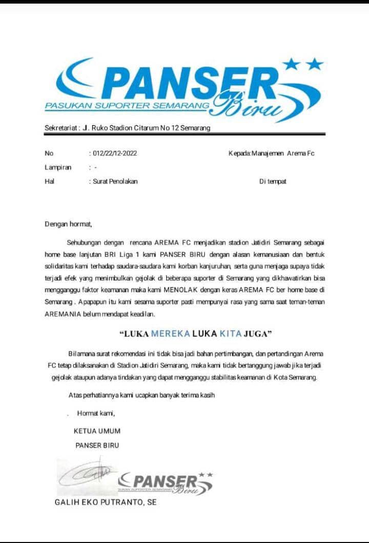 Surat penolakan Arema FC bermain di Stadion Jatidiri Semarang oleh Panser Biru. (IDN Times/Istimewa)