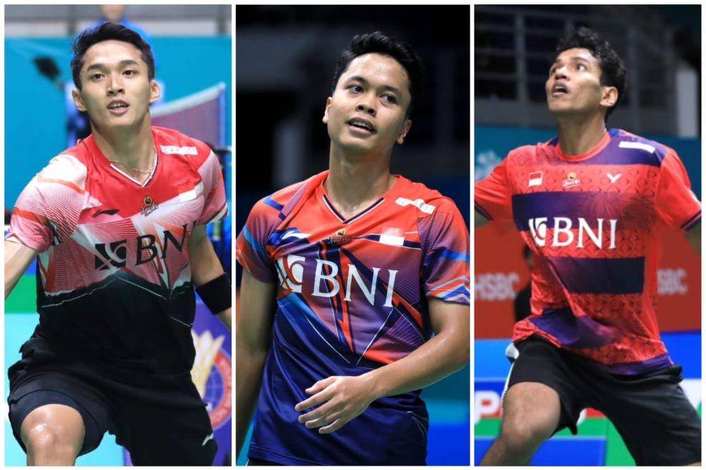 Jonatan Chirstie, Anthony Sinisuka Ginting, dan Chico Aura Dwi Wardoyo di Malaysia Open 2023 (dok. PP PBSI)