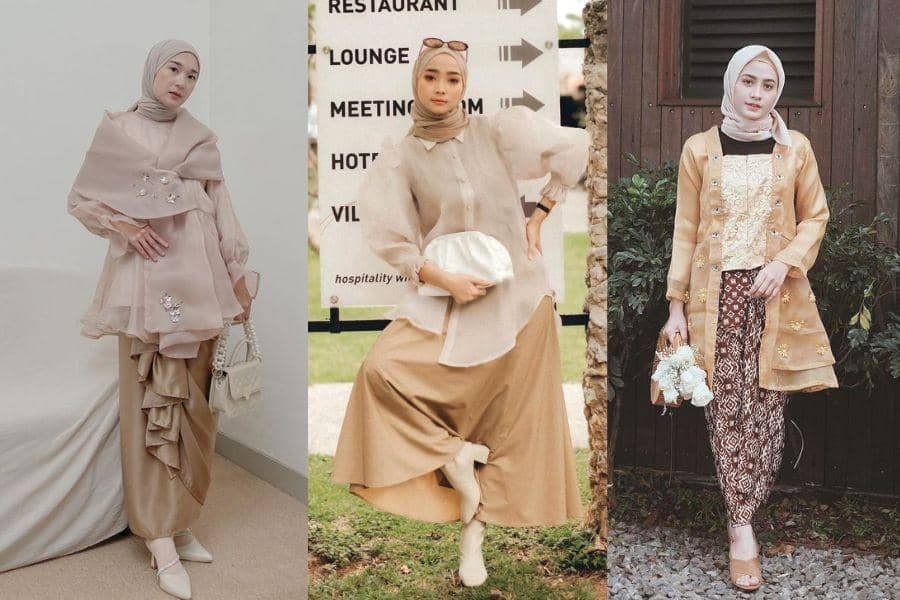 9 Inspirasi Gaya Kondangan dengan Atasan Organza Earth Tone, Catchy!