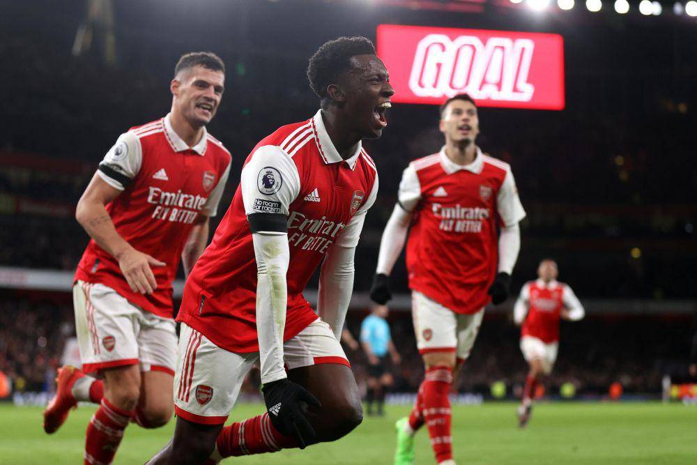Eddie Nketiah melakukan selebrasi setelah mencetak gol ke gawang West Ham United pada pekan ke-17 EPL 2022/2023. (twitter.com/premierleague)