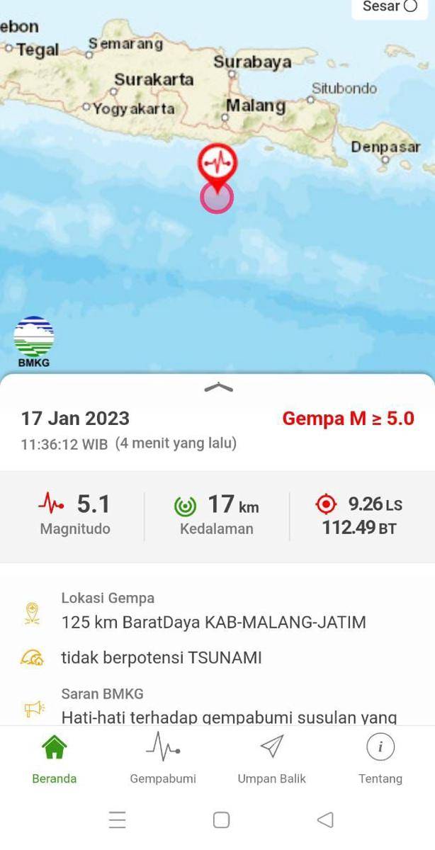 Informasi kekuatan gempa di Malang. (Dok. BMKG Karangkates)