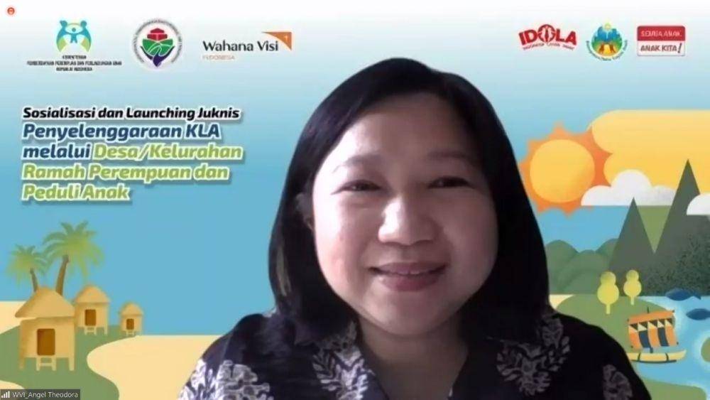Direktur Nasional WVI Angelina Theodora dalam agenda peluncuran Petunjuk Teknis Penyelenggaraan Kabupaten/Kota Layak Anak (KLA) di desa/kelurahan pada Senin (16/1/2023). (dok. KemenPPPA)