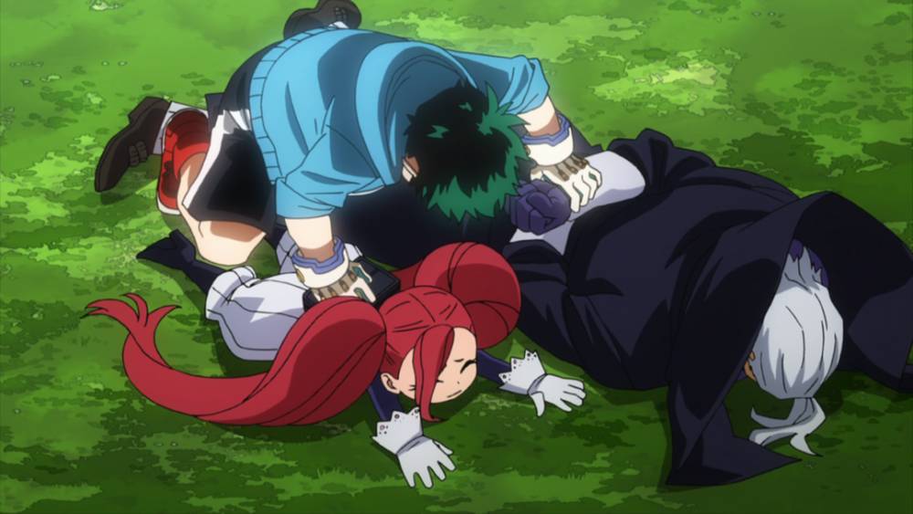 Deku menangkap Gentle Criminal dan La Brava. (dok. Bones/My Hero Academia)