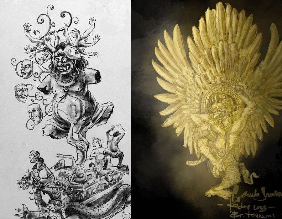Sketsa ogoh-ogoh di Bali. (Instagram.com/st.tunasmuda/Instagram.com/keduxgarage)