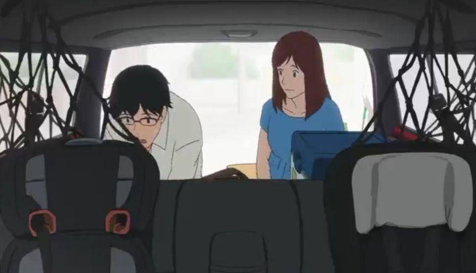 cuplikan otosan dan okasan saat mengemas barang di mobil (dok. Studio Chizu/Mirai no Mirai)