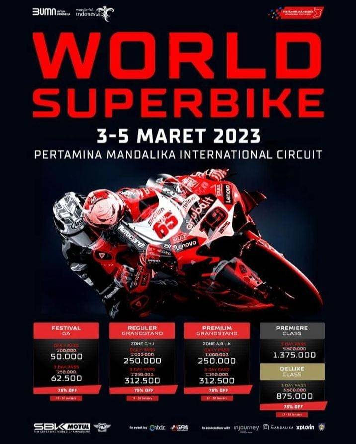 Daftar harga tiket WSBK Mandalika 2023 setelah diskon 75 persen. (Instagram Xplorin)