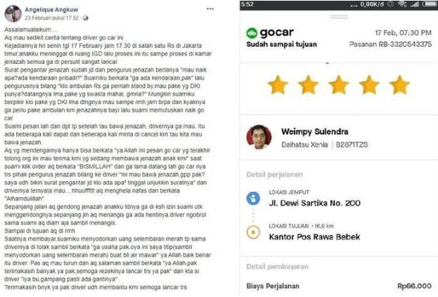 Caption foto: Mitra Driver GoCar, Sugeng, Weimpy Sulendra, mengantarkan jenazah balita tanpa mau dibayar (https://twitter.com/@aan_)