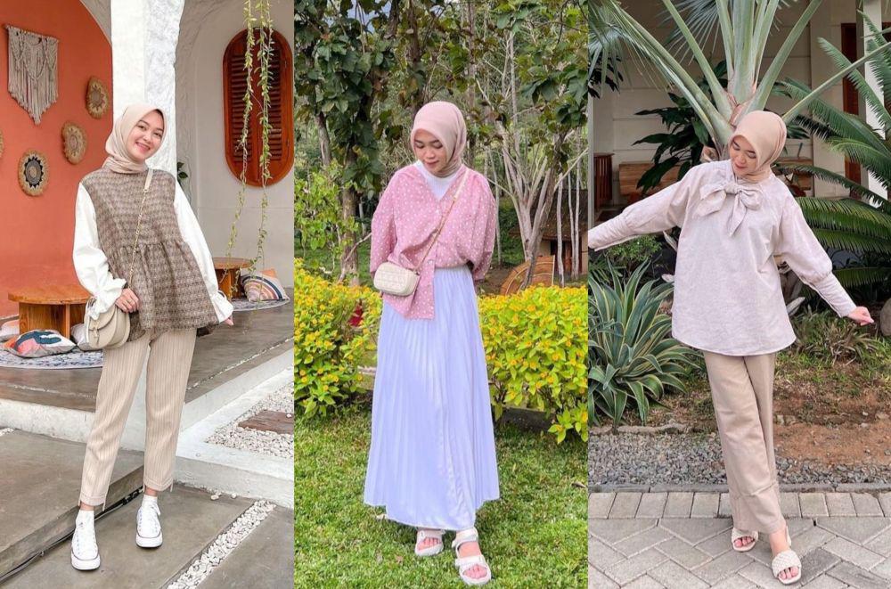 9 Mix and Match Hijab dengan Blouse ala Sukma Ningrum, Looknya Pretty!