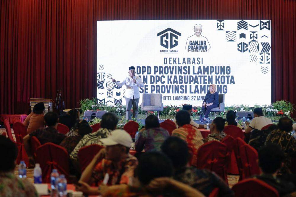 Relawan Gardu Ganjar mengukuhkan serta memantapkan kepengurusan DPD dan DPC Gardu Ganjar se-Provinsi Lampung di Hotel Horison, Jumat (27/1/2023). (Dok. RGG).