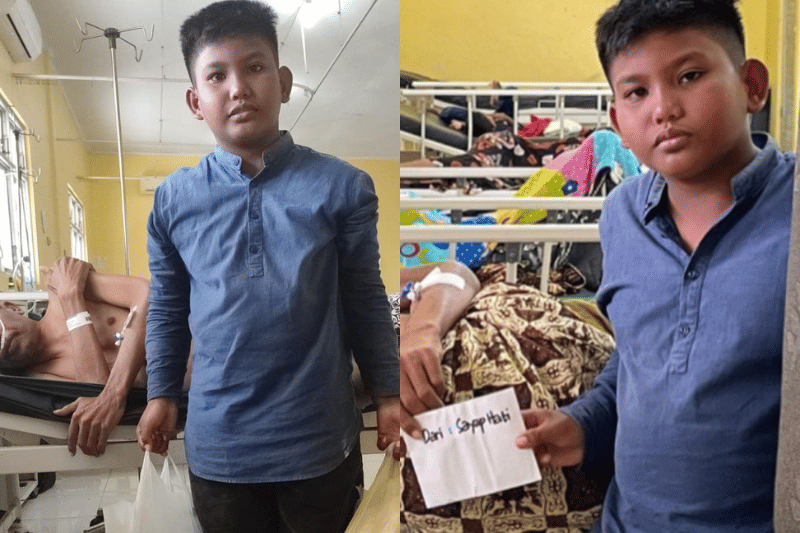 Rahmat Aulia (11) rela menempuh 8 jam untuk mengantar ayahnya berobat di Aceh. (instagram.com/sayaphati)