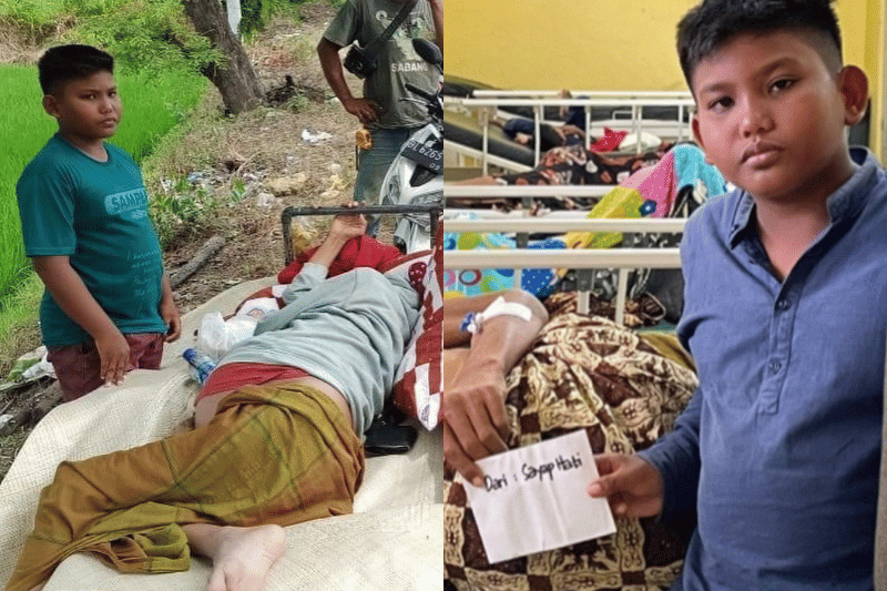 Rahmat Aulia (11) rela menempuh 8 jam untuk mengantar ayahnya berobat di Aceh. (instagram.com/sayaphati)