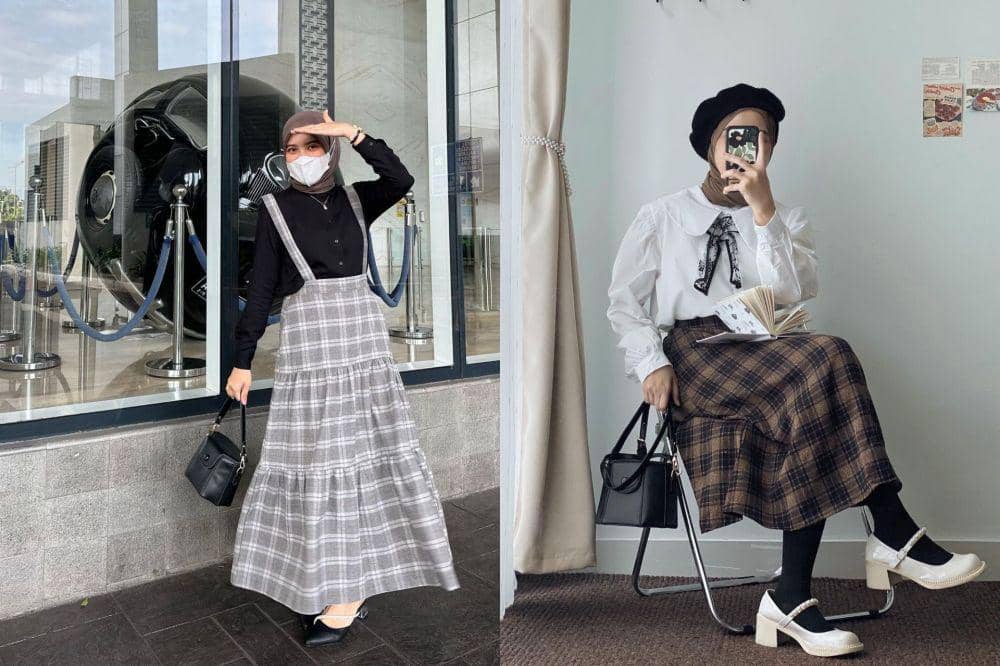 10 Padu Padan Style Hijab Motif Tartan ala Lida Lubis, Looknya Classy
