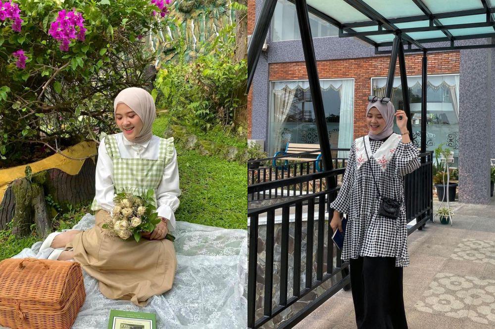 9 Style Hijab Korean Look dengan Outfit Gingham ala Lida Lubis