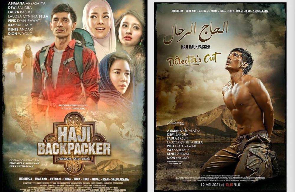 kolase poster dari dua versi film Haji Backpacker (dok. Falcon Pictures/Haji Backpacker)