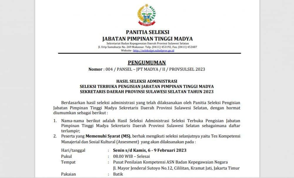 10 Calon Sekda Provinsi Sulsel Lolos Administrasi, 4 TMS