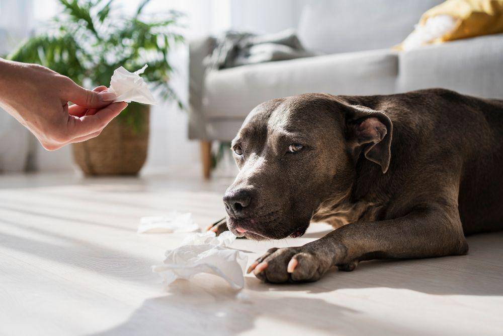 potret anjing yang merasa bersalah usai menghamburkan tisu di rumah (freepik.com/freepik)