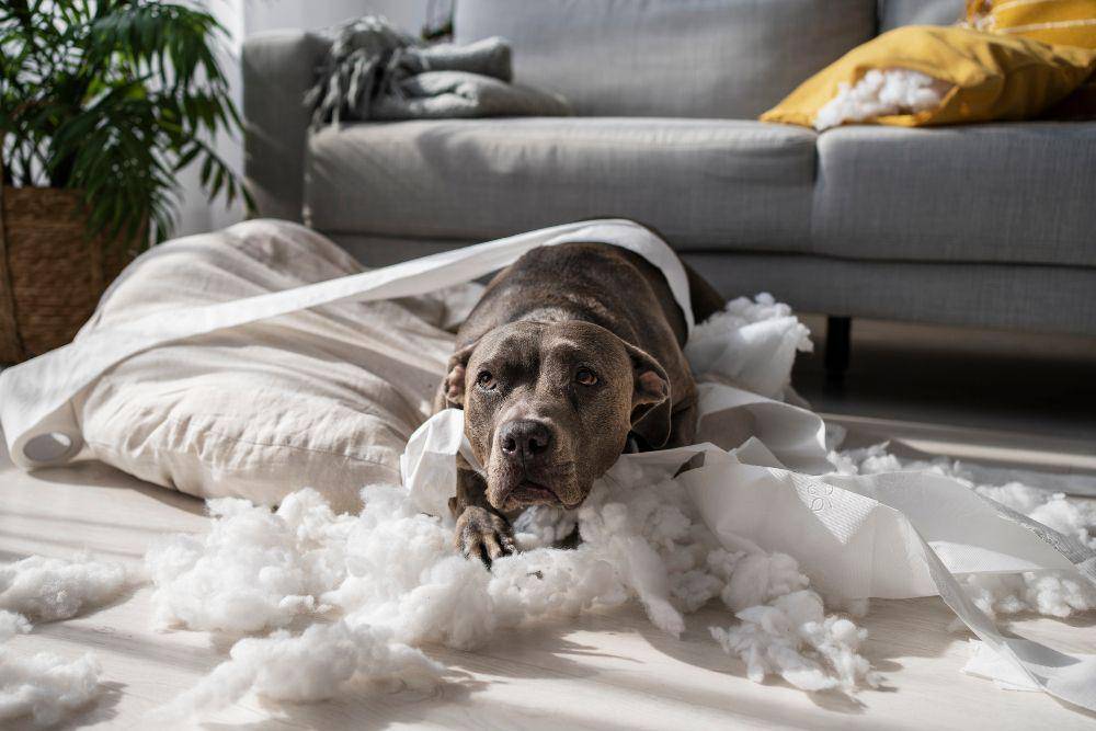 potret anjing yang merasa bersalah usai merobek busa bantal di rumah (freepik.com/pikisuperstar)