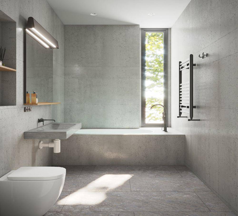 Ilustrasi desain kamar mandi dengan nuansa monokrom khas industrial (unsplash.com/Bilal Mansuri)