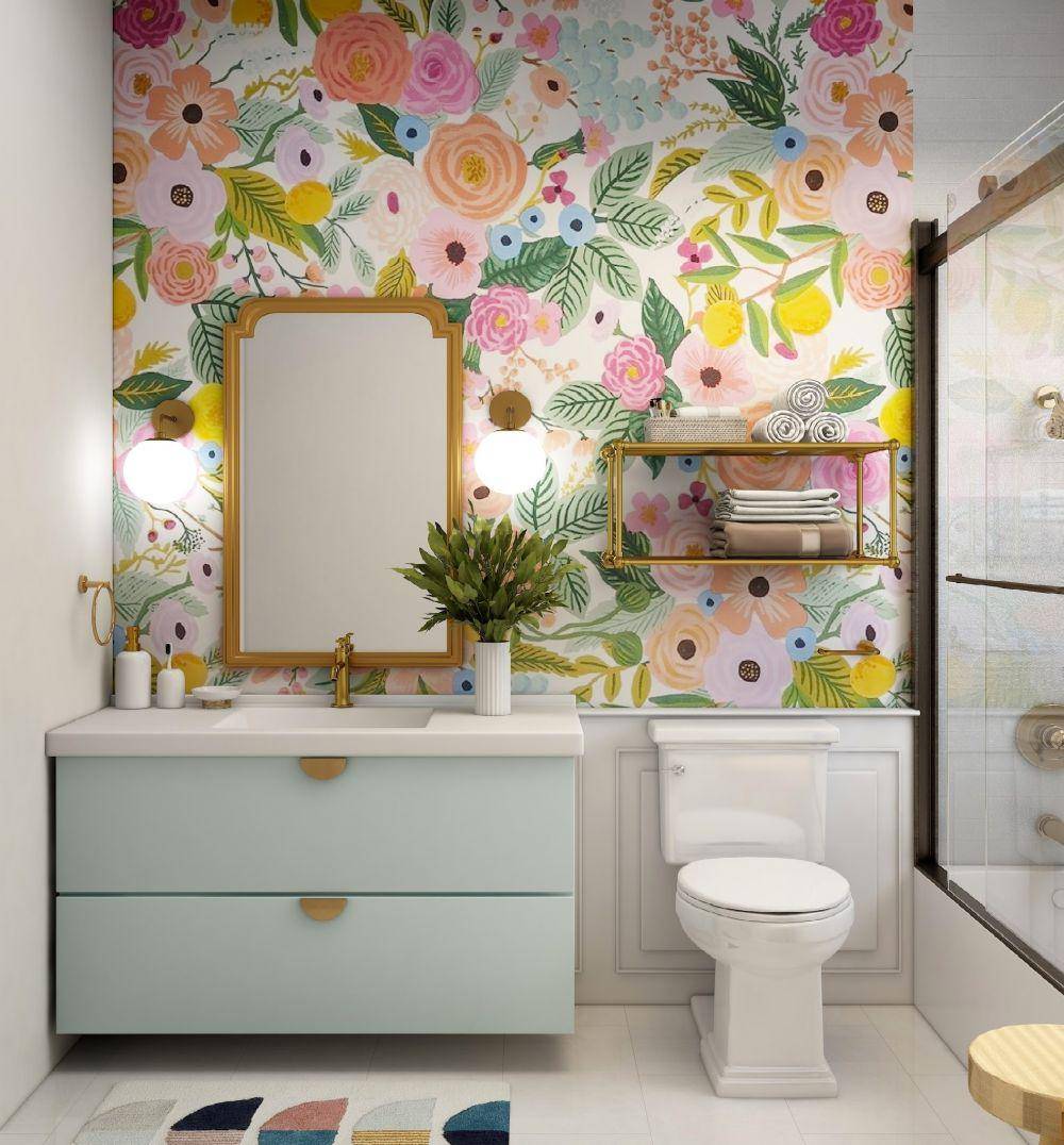 Ilustrasi kamar mandi dengan dekorasi wallpaper motif bunga (unsplash.com/ Collov Home Design)