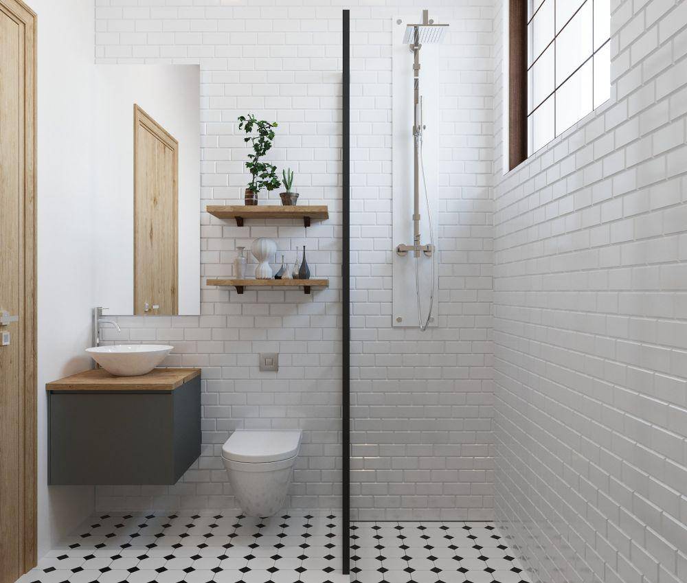 Ilustrasi desain kamar mandi minimalis dengan model keramik bata (unsplash.com/ Hemant Kanojiya)