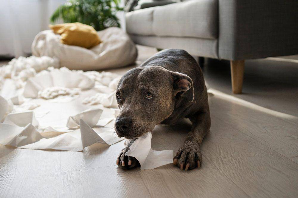 potret anjing yang merasa bersalah usai menghamburkan tisu di rumah (freepik.com/freepik)