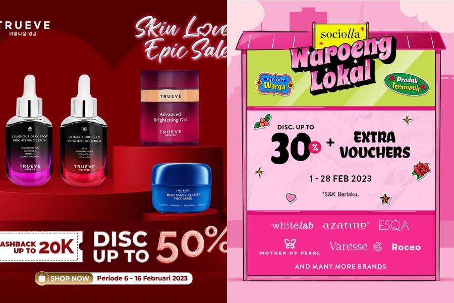 Promo skincare dan makeup Februari 2023. (instagram.com/sociolla / instagram.com/trueve.id)