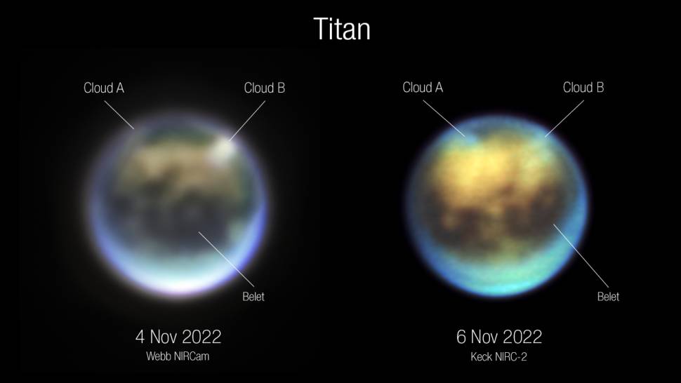Citra awan di Titan (dok. NASA, ESA, CSA, Webb Titan GTO Team/Alyssa Pagan (STScI))