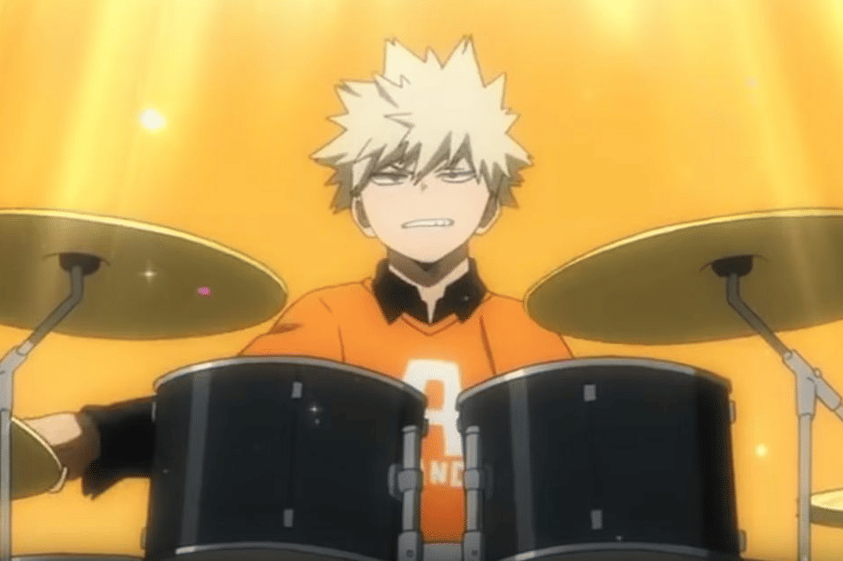 Katsuki Bakugo bermain drum untuk menyelamatkan band rock kelas 1-A gagal tampil di festival budaya U.A. High School