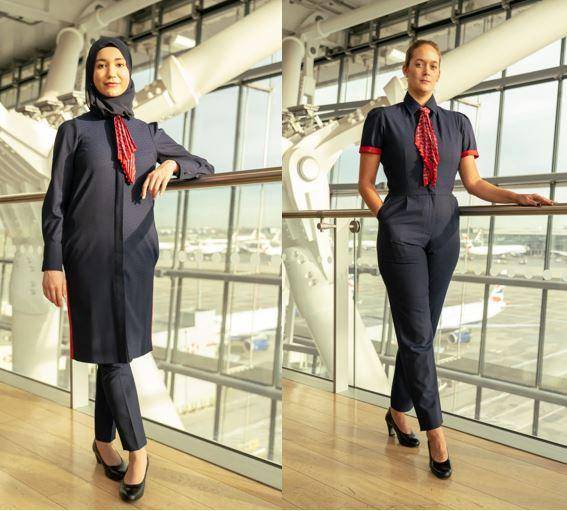 Seragam baru awak kabin wanita British Airways, hijab (kiri) dan jumpsuit (kanan). (dok. British Airways)