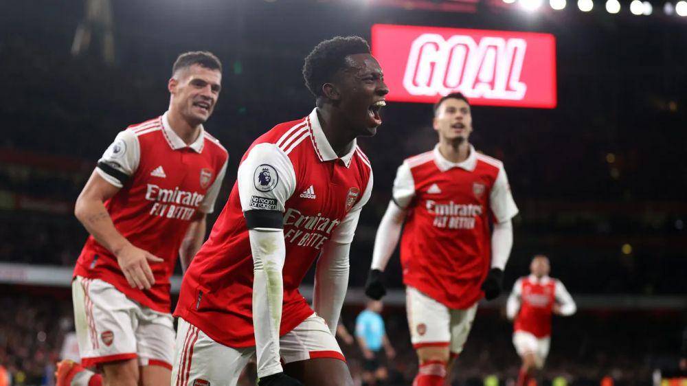 Para pemain Arsenal merayakan gol ke gawang West Ham United di EPL 2022/2023. (premierleague.com)