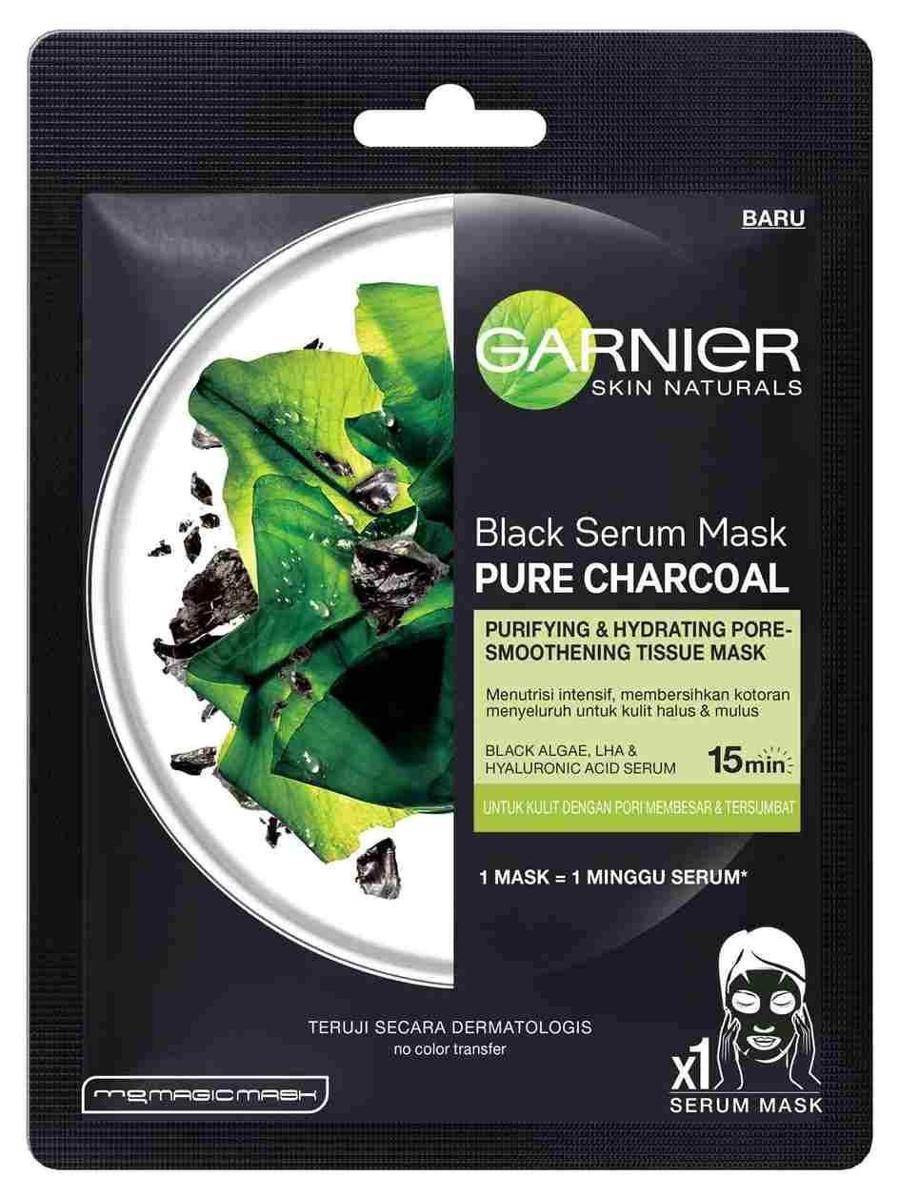 Masker wajah pria, Garnier Black Serum Mask Pure Charcoal Black Algae (garnier.co.id)