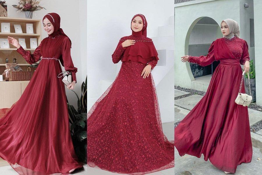 10 Referensi Gaun Hijab Glamor Warna Merah, Andalan Kondangan Hits!