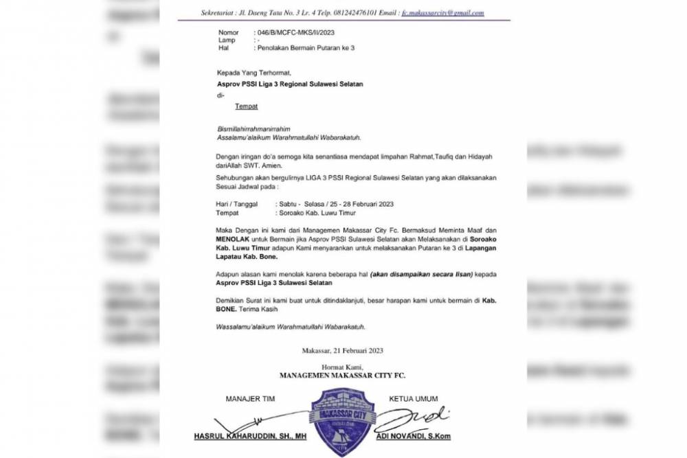 Tangkapan layar surat penolakan Makassar City FC atas penunjukan Stadion Persesos Sorowako sebagai tuan rumah putaran final Liga 3 Sulsel 2022-23. (Dok. Makassar City FC)