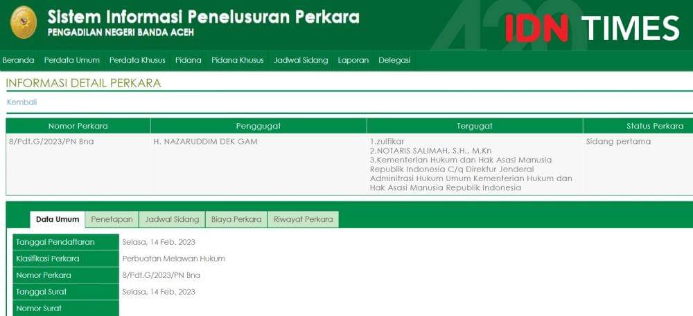 Tangkap layar situs SIPP PN Banda Aceh. (IDN Times/Muhammad Saifullah)