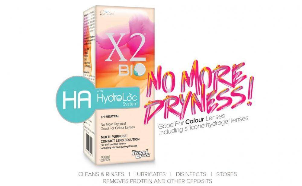 Cairan softlens yang bagus, yaitu X2 Bio HA Multi-Purpose Contact Lens Solution (x2.co.id)
