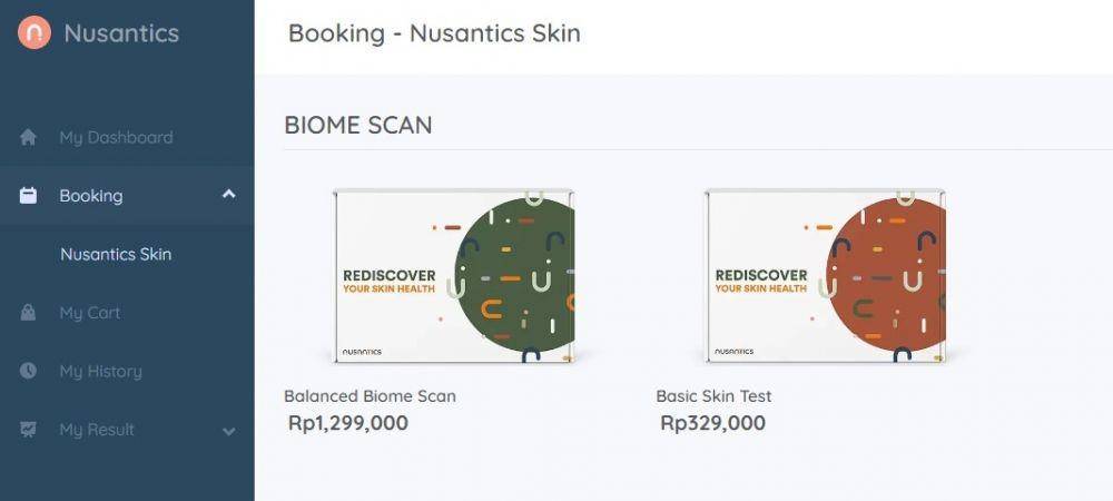 Halaman pembelian dan booking layanan Nusantics (dashboard.nusantics.com/booking-skin)