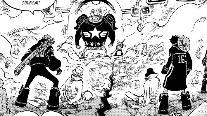 Luffy, Zoro, Lucci, dan Kaku vs. S-Bear dan S-Hawk (dok. Shueisha/One Piece)