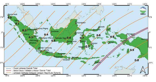 Peta lintasan gerhana matahari hibrid 20 April 2023 di Indonesia (dok. BMKG)