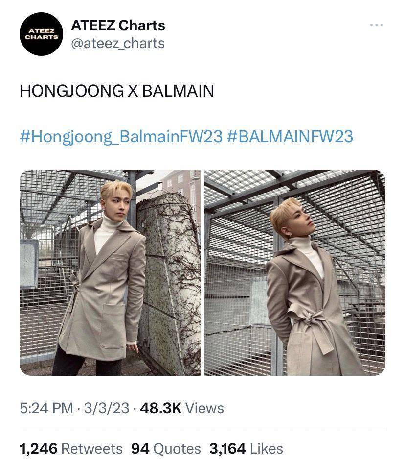 potret Hongjoong di Paris Fashion Week 2023 (twitter.com/ateez_charts)