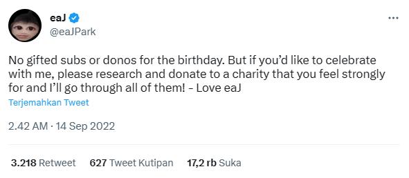 tangkapan layar tweet eaJ yang menyatakan tak terima hadiah dari fans lagi (twitter.com/eaJPark)