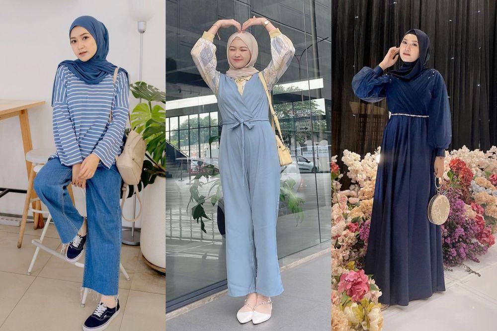 gaya OOTD hijab Sari Endah Pratiwi dengan nuansa biru (instagram.com/saritiw)