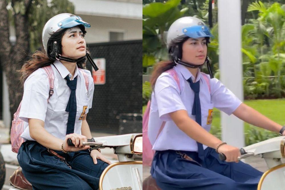 9 Potret Sintya Marisca Kenakan Seragam SMP dan Naik Vespa, bak ABG!