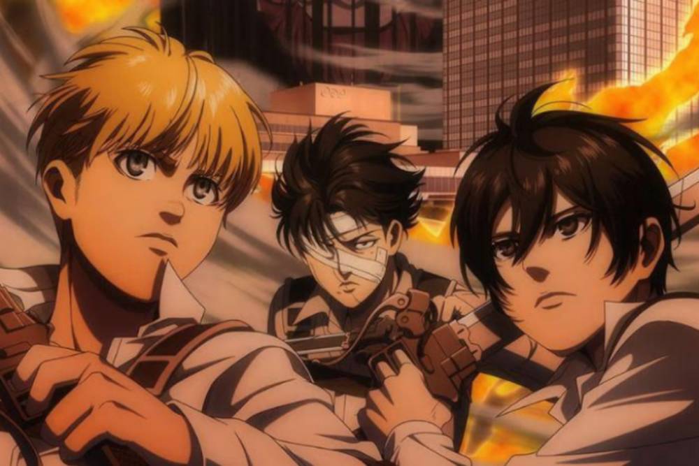 Armin Arlert, Levi Ackerman, dan Mikasa Ackerman (dok. MAPPA/Shingeki no Kyojin: The Final Season Part 3)