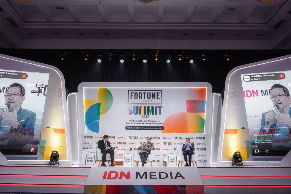 Tony Wenas, President Director Freeport Indonesia ketika menjadi narasumber pada acara Fortune Indonesia Summit 2023, di Tribrata, Jakarta, Rabu (15/3/2023). (Herka Yanis Pangaribowo/IDN Media)