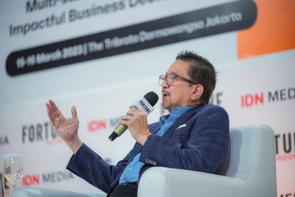 Tony Wenas, President Director Freeport Indonesia ketika menjadi narasumber pada acara Fortune Indonesia Summit 2023, di Tribrata, Jakarta, Rabu (15/3/2023). (Herka Yanis Pangaribowo/IDN Media)