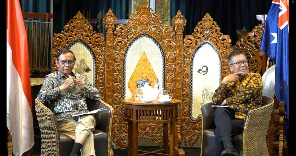 Menteri Koordinator Bidang Politik, Hukum dan Keamanan, Mahfud MD ketika berbicara dari Melbourne, Australia. (Dokumentasi Kemenko Polhukam)